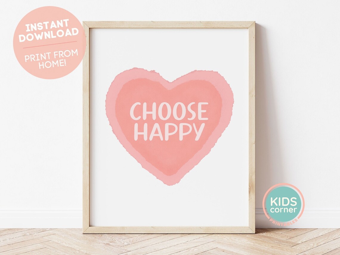 Choose Happy Print, Heart Printable, Heart Wall Art, Mindfulness Art ...
