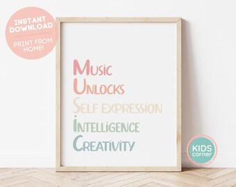 Music Unlocks Self Expression Intelligence Creativity Print, Rainbow Classroom, Playroom Nursery, Instant Positive Art, DIGITAL DOWNLOAD