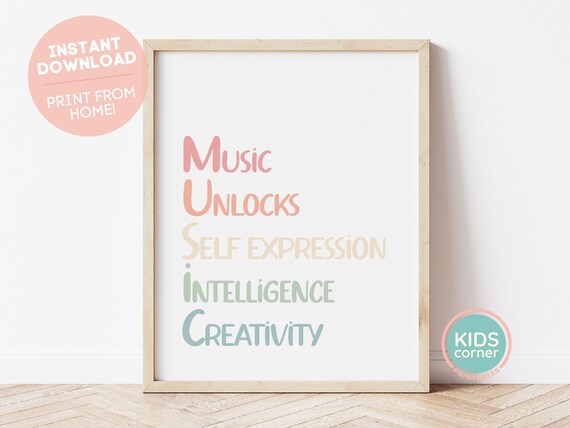 Music Unlocks Self Expression Intelligence Creativity Print, Rainbow Classroom, Playroom Nursery, Instant Positive Art, DIGITAL DOWNLOAD