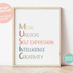 May include: A printable wall art poster with the word "MUSIC" in large letters. Each letter is a different color and has a word underneath it: "Music", "Unlocks", "Self Expression", "Intelligence", and "Creativity".