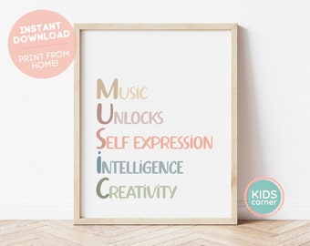 Muziek ontgrendelt zelfexpressie intelligentie creativiteit print, Boho klaslokaal, speelkamer kinderkamer decor, instant positieve kunst, digitale download
