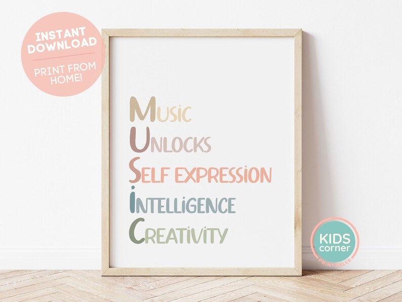 May include: A printable wall art poster with the word "MUSIC" in large letters. Each letter is a different color and has a word underneath it: "Music", "Unlocks", "Self Expression", "Intelligence", and "Creativity".
