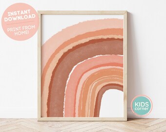 Boho regnbågstryck, brun regnbågsväggkonst, regnbågsbarnrumsdekor, direkt nedladdning, beige utskrivbar väggkonst, barnkonst, digital nedladdning