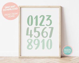 Numbers Printable Wall Art, Nursery Decor Playroom, Number Poster Instant Download, Educational Print, Kids Wall Art, Green DIGITAL DOWNLOAD