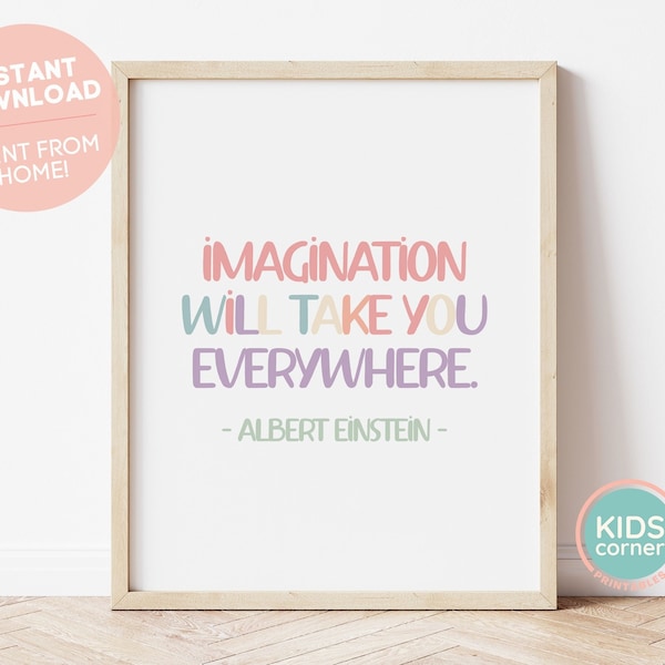 Imagination Will Take You Everywhere Print, Quote Print with Rainbow Colors, Albert Einstein Quote, Classroom Printable, DIGITAL DOWNLOAD