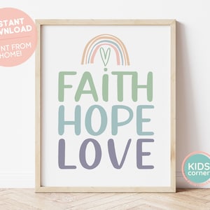 Faith Hope Love Print, Green Blue Purple Letters, Rainbow, Green Heart, Corinthians, Bible Reference, Love Printable, DIGITAL DOWNLOAD