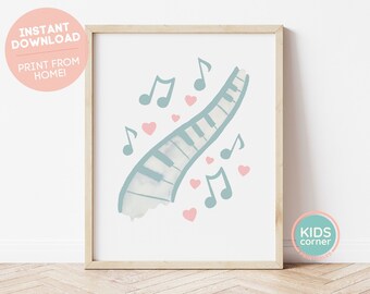 Piano en Harten Afdrukbare Wall Art, Muziek Notes Nursery Decor, Playroom, Instant Download, Muziekliefhebber, Musical, Hart, DIGITALE DOWNLOAD