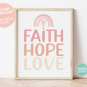 Faith Hope Love Print, Pink Orange Yellow Letters, Rainbow, Pink Heart, Corinthians, Bible Reference, Love Printable, DIGITAL DOWNLOAD