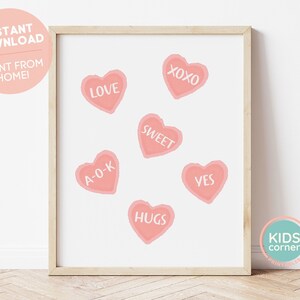Valentines Candy Herzen Druckbare Wandkunst, Kinderzimmer Dekor, Spielzimmer Kunst, Sofort Download, Liebe Wandkunst, XOXO Druck, Hugs, DIGITALER DOWNLOAD