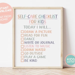 Puede incluir: Una lista de verificación de autocuidado imprimible para niños con un fondo rosa claro y texto colorido. La lista incluye actividades como dibujar, leer, bailar, escribir, escuchar música, beber agua, salir, jugar un juego y ser amable.
