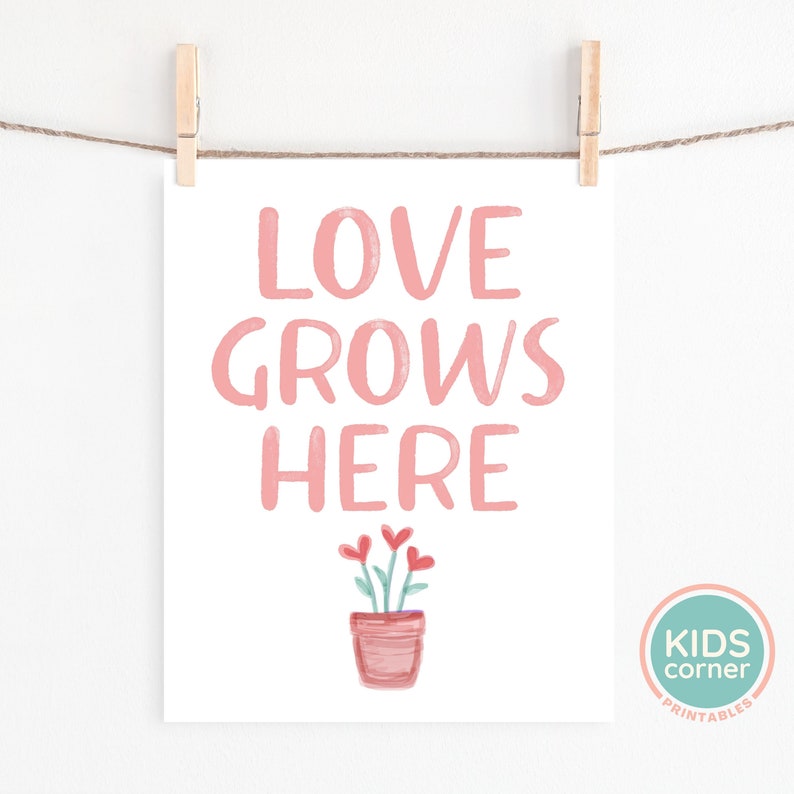 Instant Download Love Grows Here Printable Wall Art Heart Flowers Playroom Pink Instant Kids Wall Art DIGITAL DOWNLOAD Nursery Decor