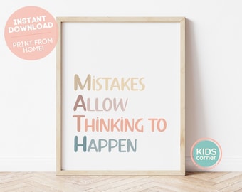 Mistakes Allow Thinking To Happen Print, Boho Chic, Boho Math Classroom Print, Math Printable, Mathematics Printable, Boho DIGITAL DOWNLOAD