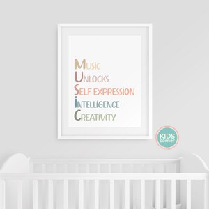 May include: A white framed print with the word "MUSIC" in colorful letters. Each letter represents a word: Music, Unlocks, Self Expression, Intelligence, Creativity.
