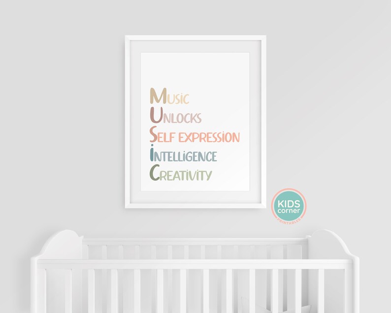 May include: A white framed print with the word "MUSIC" in colorful letters. Each letter represents a word: Music, Unlocks, Self Expression, Intelligence, Creativity.