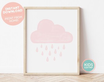 Pink Cloud And Rain Print, Pink Cloud and Rain Nursery Decor, Soft Pink Playroom Art, Instant Download, Pink Wall Art, DIGITAL DOWNLOAD