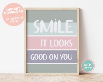 Glimlach het ziet er goed uit op u afdrukbaar, glimlach klaslokaal poster, kinderkamer kunst, kinderen kamer decor, mindset poster, kleurrijke digitale download