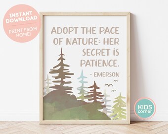 Adopt The Pace Of Nature: Her Secret Is Patience Print, Ralph Waldo Emerson Quote Art, Brown Trees Printable, Nature Quote, DIGITAL DOWNLOAD