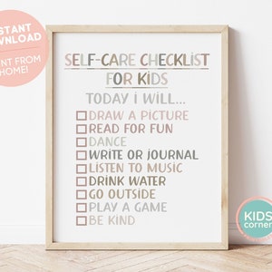 Puede incluir: Lista de verificación de autocuidado imprimible para niños con un esquema de color rosa y marrón. La lista incluye actividades como dibujar, leer, bailar, escribir, escuchar música, beber agua, salir, jugar un juego y ser amable.