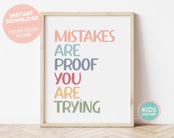 Mistakes Are Proof You Are Trying Print, Boho Print, Boho Motivational Printable Art, Boho Classroom Decor, Home School, DIGITAL DOWNLOAD