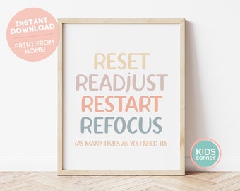 Reset Readjust Restart Refocus As Many Times As You Need To Print, Boho Print, Empowering Message, Classroom Boho Printable, DIGITAL FILE