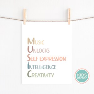 May include: A printable wall art design with the word "MUSIC" in large letters. Each letter is a different color and represents a word: Music, Unlocks, Self Expression, Intelligence, Creativity. The design is on a white background with a Kids Corner logo in the bottom right corner.