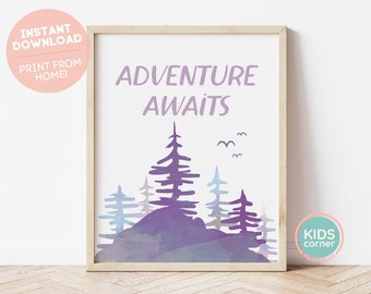 Adventure Awaits Print, Purple Mountains Print, Kids Corner Printable, Inspirational Words, Nursery Art, Kids Decoration, DIGITAL DOWNLOAD