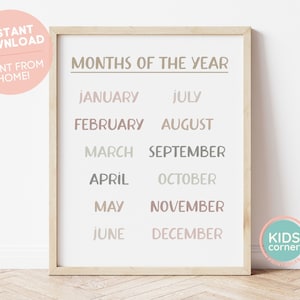 Maanden van het jaar Grafiek, Maanden Afdrukbaar, Boho Educatieve Print, Homeschool Resource, Homeschool Classroom Decor, Brown DIGITAL DOWNLOAD