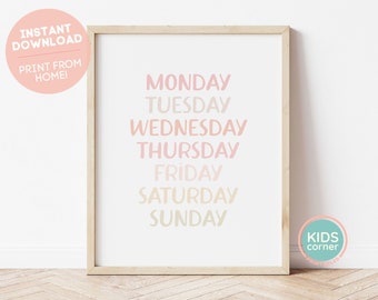 Days of the Week Chart, Printable Wall Art, Educational Print, Neutral Nursery Print, Homeschool Classroom Decor, DIGITAL DOWNLOAD