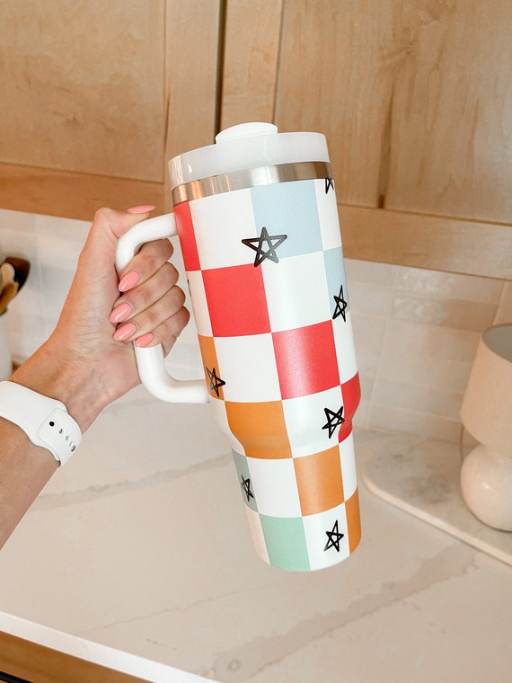 Checkerboard 40oz Tumbler With Handle Sleeve