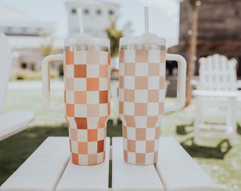 Tan Checkered Tumbler, Tan Tumbler, 40 oz Water Tumbler, Checkerboard Tumbler, new year gift, Tumbler Dupe, multicolored checkerboard