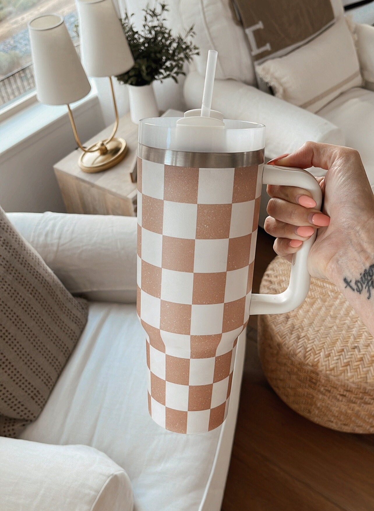 Distressed Tan Checkerboard TMC Tumbler, Stanley Dupe