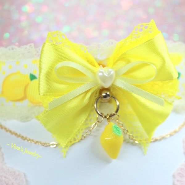 Lemon choker, Yellow lace, lemon charm, collar for Women, for Girl