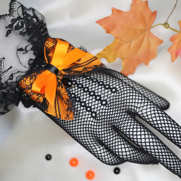 Gants en dentelle d’Halloween, gants en filet élastique noir pour fille, pour femmes