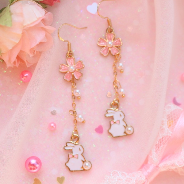 Pendientes de conejito, 2 estilos, Sakura, amuletos de pompón rosa Lindos aretes colgantes con amuletos Kawaii para niña, para mujer