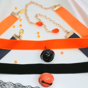 Orange und Schwarz Samt Choker, Halsband, Halskette, Kitty Anhänger, Cosplay Accessoire, für Frauen, für Männer, neuer Schmuck