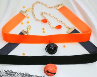 Orange and Black Velvet Choker, Collar, Necklace, kitty Bell pendant, Cosplay Accessory, for Women, for men, new jewelry