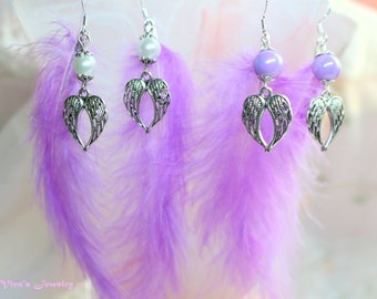 Angel wings earrings, pearls,purple feathers, Silver plated earrings for women, for girl