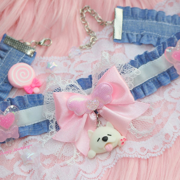 Cute Choker, Kawaii Collar, White Dog Charm, Pink Bow