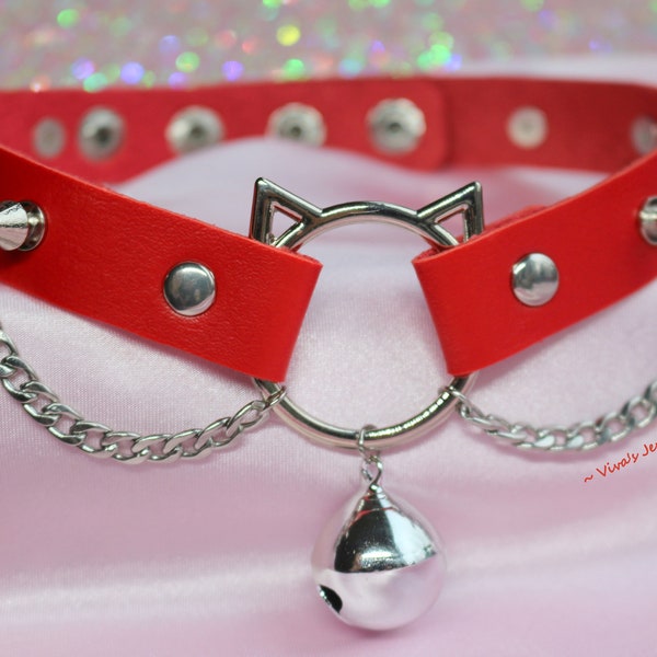 Red PU Leather Cat Collar, Stainless steel chains , Bell Pendant, Spikes,  Kitten Round collar, Necklace For women, for men