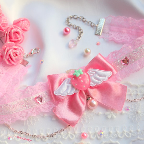 Gargantilla de fresa linda, collar kawaii, collar encantador, joyería de encaje con lazo.