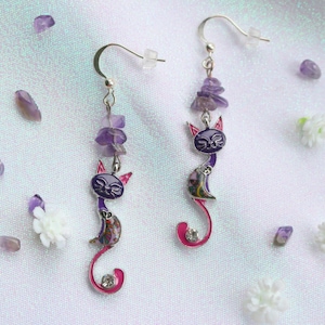 Cat earrings,  Natural Crystals accessory, New Handmade