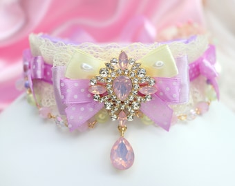 Cute  Rhinestone drop pendant choker,  Pastel Purple and Yellow colors colar, Lovely Necklace for Girl, for Women