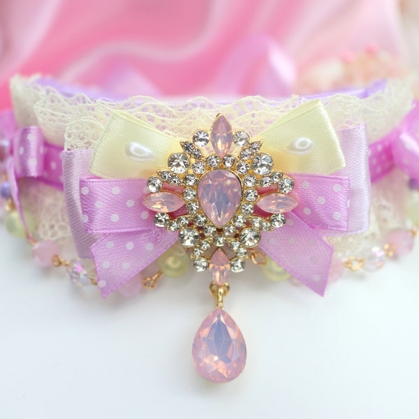 Cute  Rhinestone drop pendant choker,  Pastel Purple and Yellow colors colar, Lovely Necklace for Girl, for Women