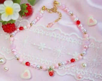 Strawberry Necklace, Natural pearls, Acrylic, Glass Beads, Cute Jewelry, Lovely small Strawberry Charm