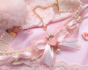 Strawberry  Choker, Lolita Collar, Beige and Pink Colors Necklace for Girl, for Women