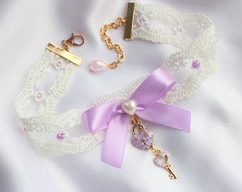 Cute Choker, ivory color lace, Pastel purple bow, heart and key charms, New Handmade