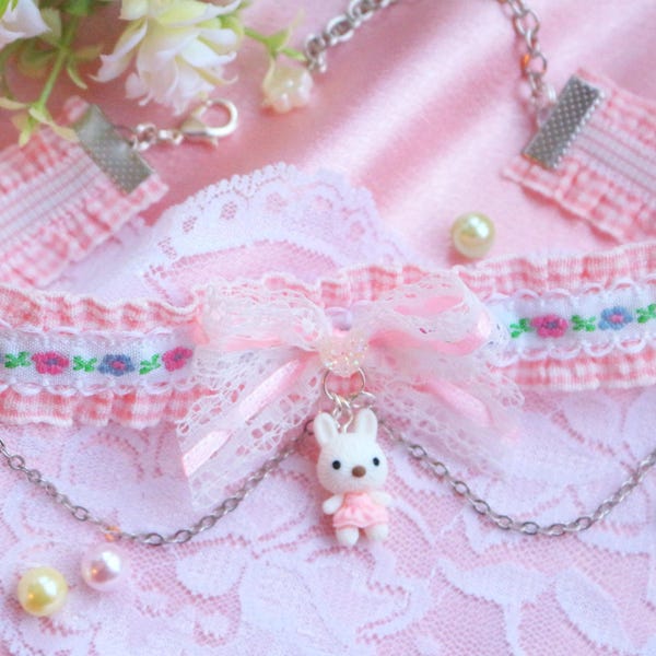 Gargantilla de conejito kawaii, collar de cinta de encaje pastel