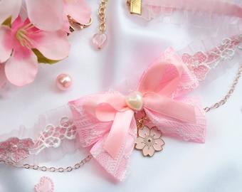 Cherry blossom choker, Cute Collar with bow and chains