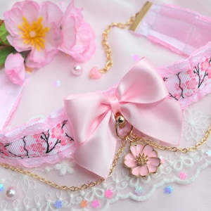 Cherry blossom choker, Cute Collar, Lace Jewelry with Bow and Cherry blossom pendant, Handmade