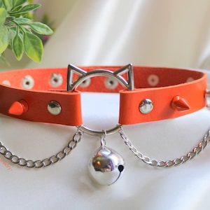 Orange PU Leather Cat ring Collar, Stainless steel chains , Silver Bell Pendant, Spikes,  Kitten Round collar, Necklace For women, for men